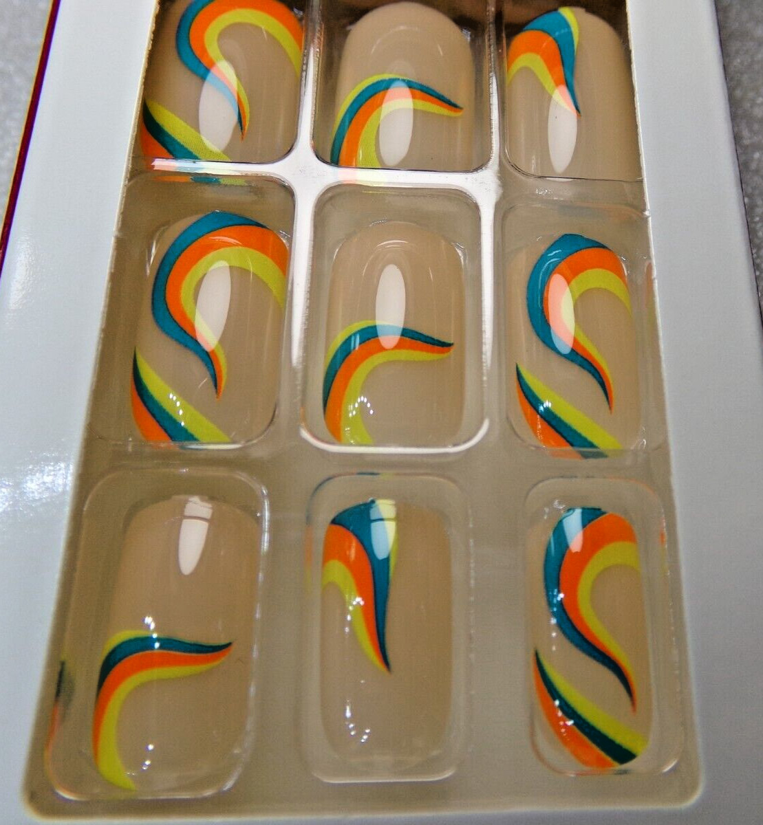 Kiss Fashion Design, Orange, Green, Yellow Swirls Glue On Nail Medium