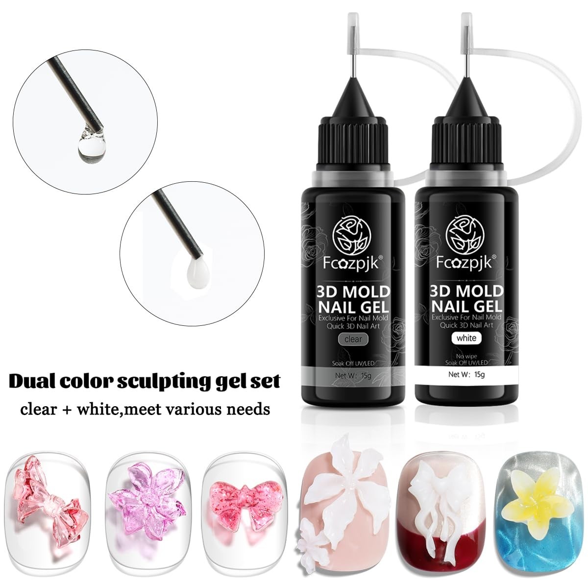 3D Gel Nail Art Starter Kit – 15ML Clear & White Sculpting Gel, Silicone Flower
