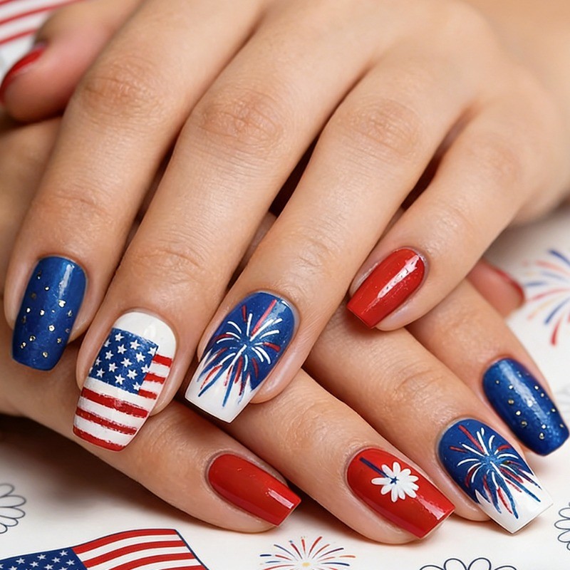 48pcs-4th of July Nails, Press on Square with Red, White & Blue Firework Art