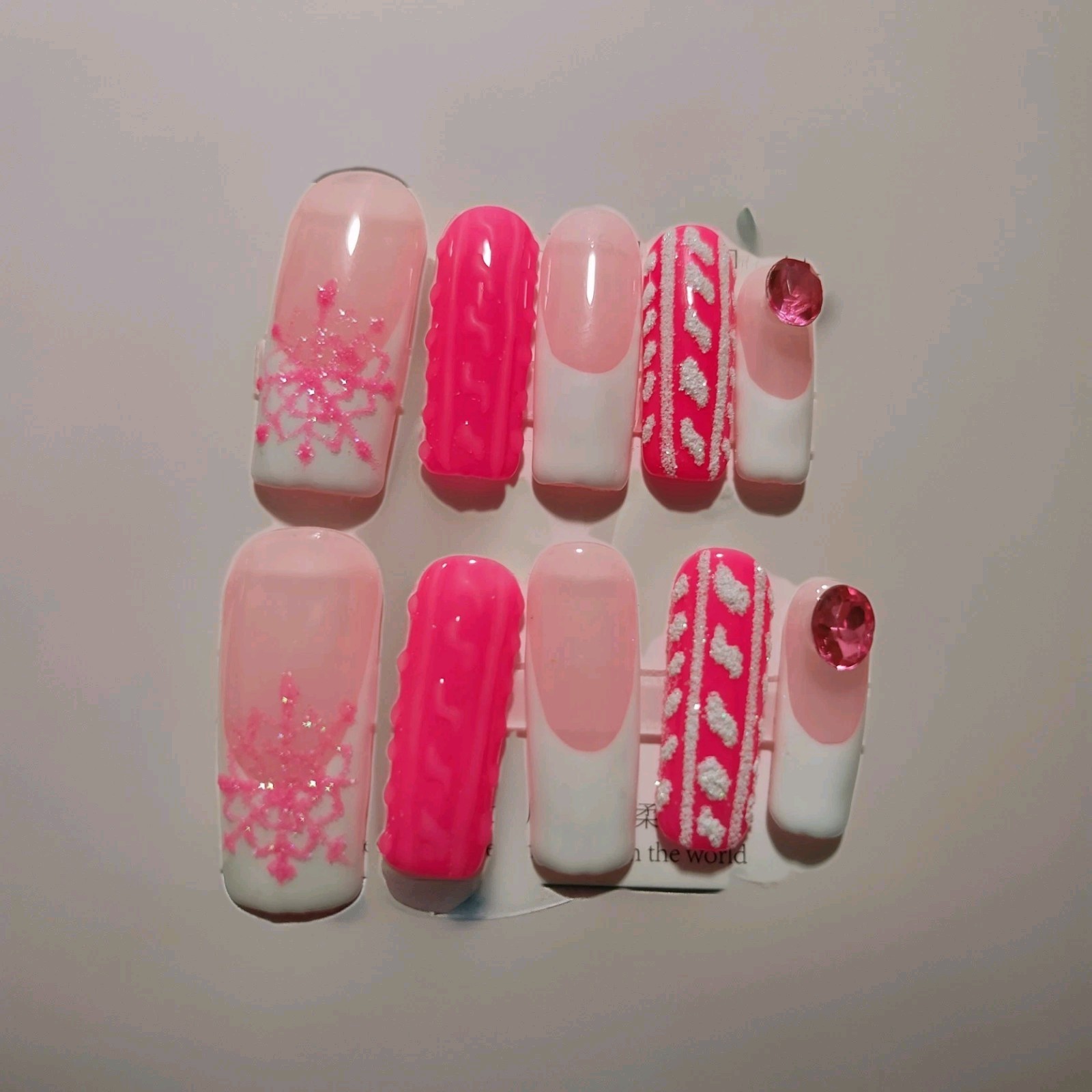 Long Square Pink White 3D Shimmer Snowflake Winter Press-On Nails Full Cover