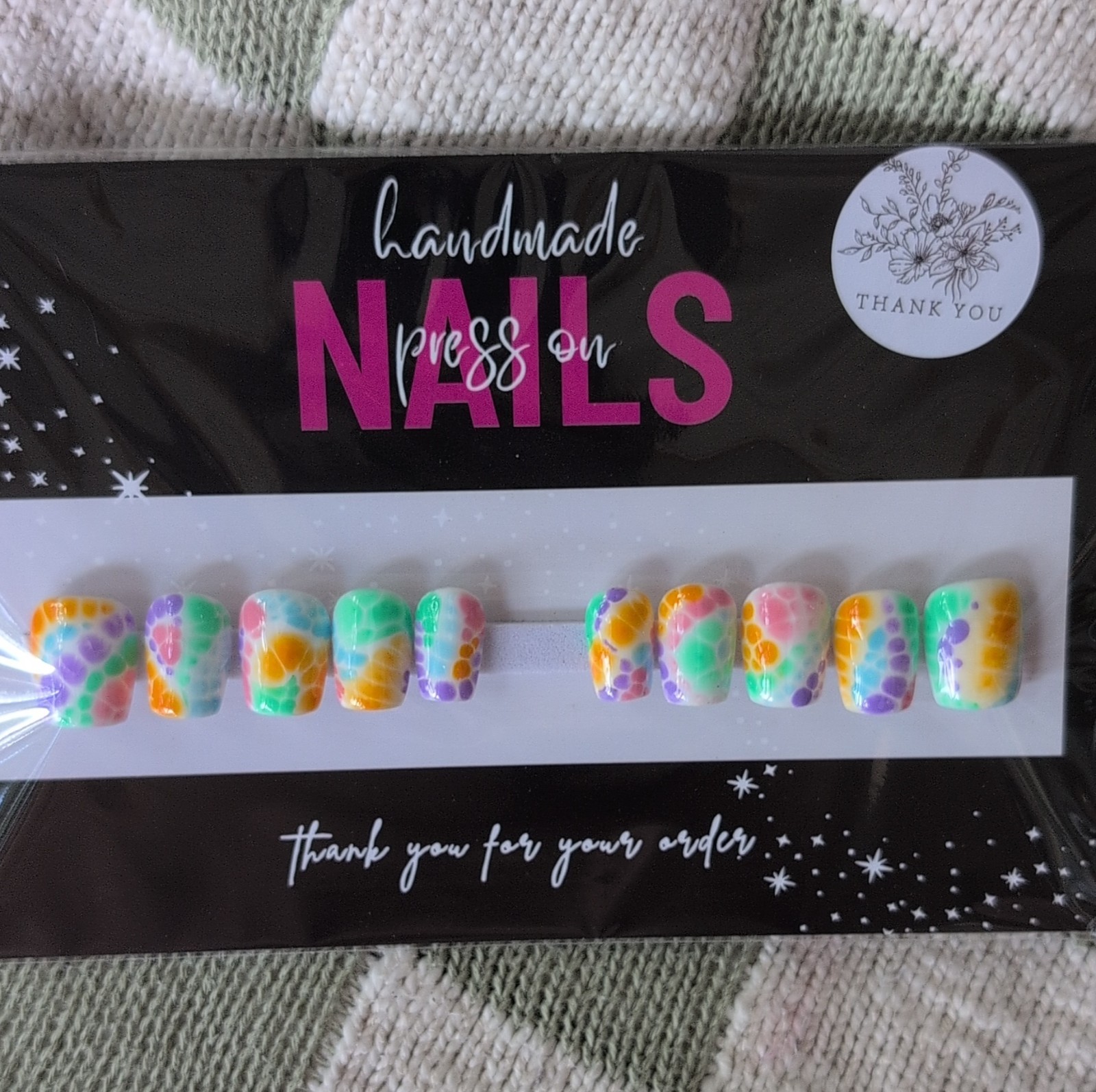 Handmade Press-On Nails Short Square Multicolor Abstract Glossy Sized Medium