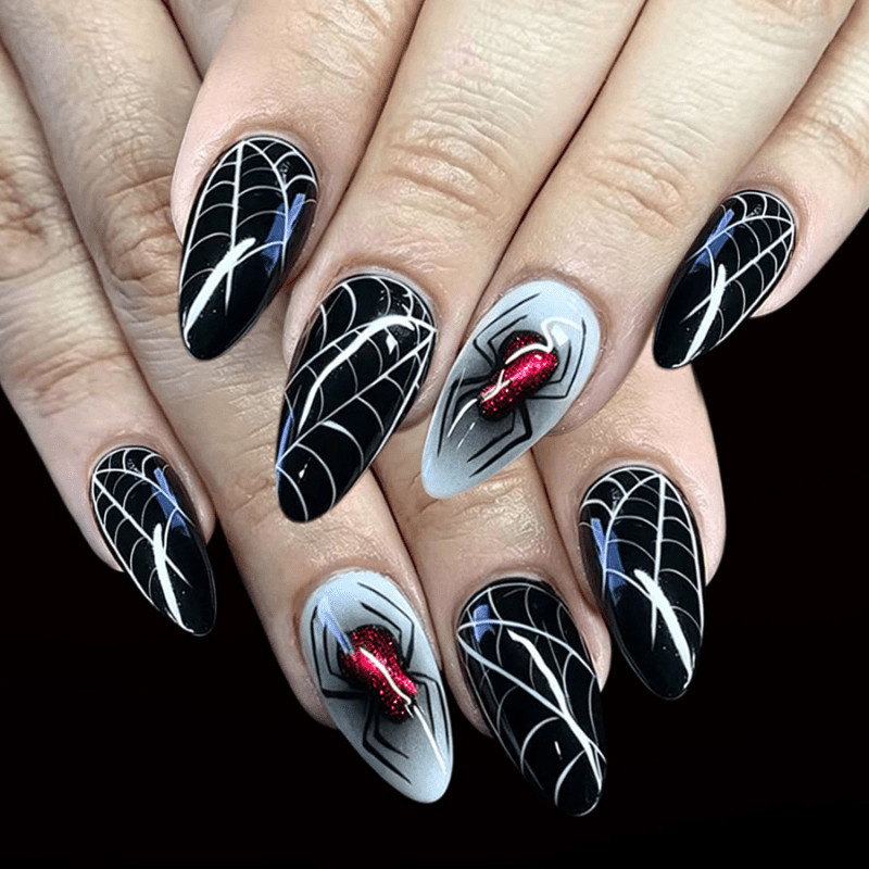 48Pcs-Long Almond Halloween Black White Red Glitter Spider Web Press on Nails