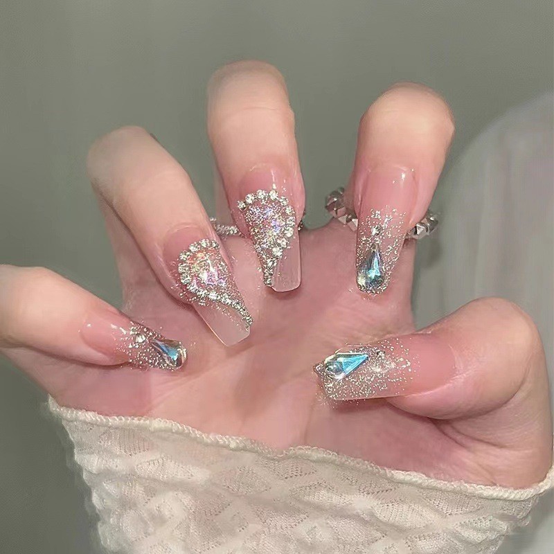 48Pcs-Nude Square Press on Nails Silver Glitter Big Rhinestone Luxury Fake Nails
