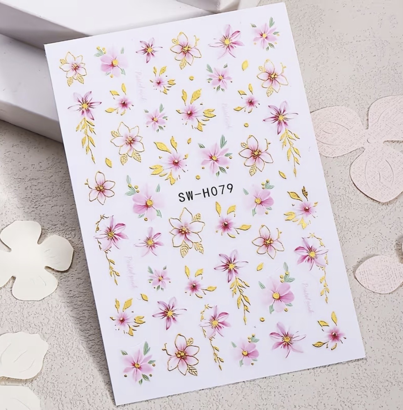 Nail Art Stickers Pink Gold Cherry Blossom Flower Summer Floral Decals H079