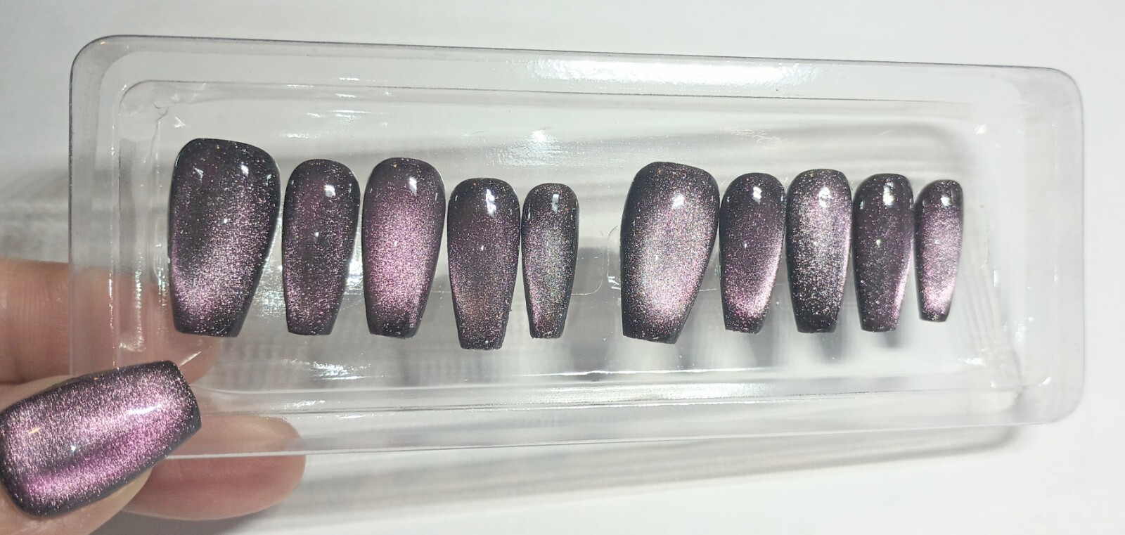 Purple Galaxy Cat Eye Press on Nails Handmade Fake Fingernails Gel Polish