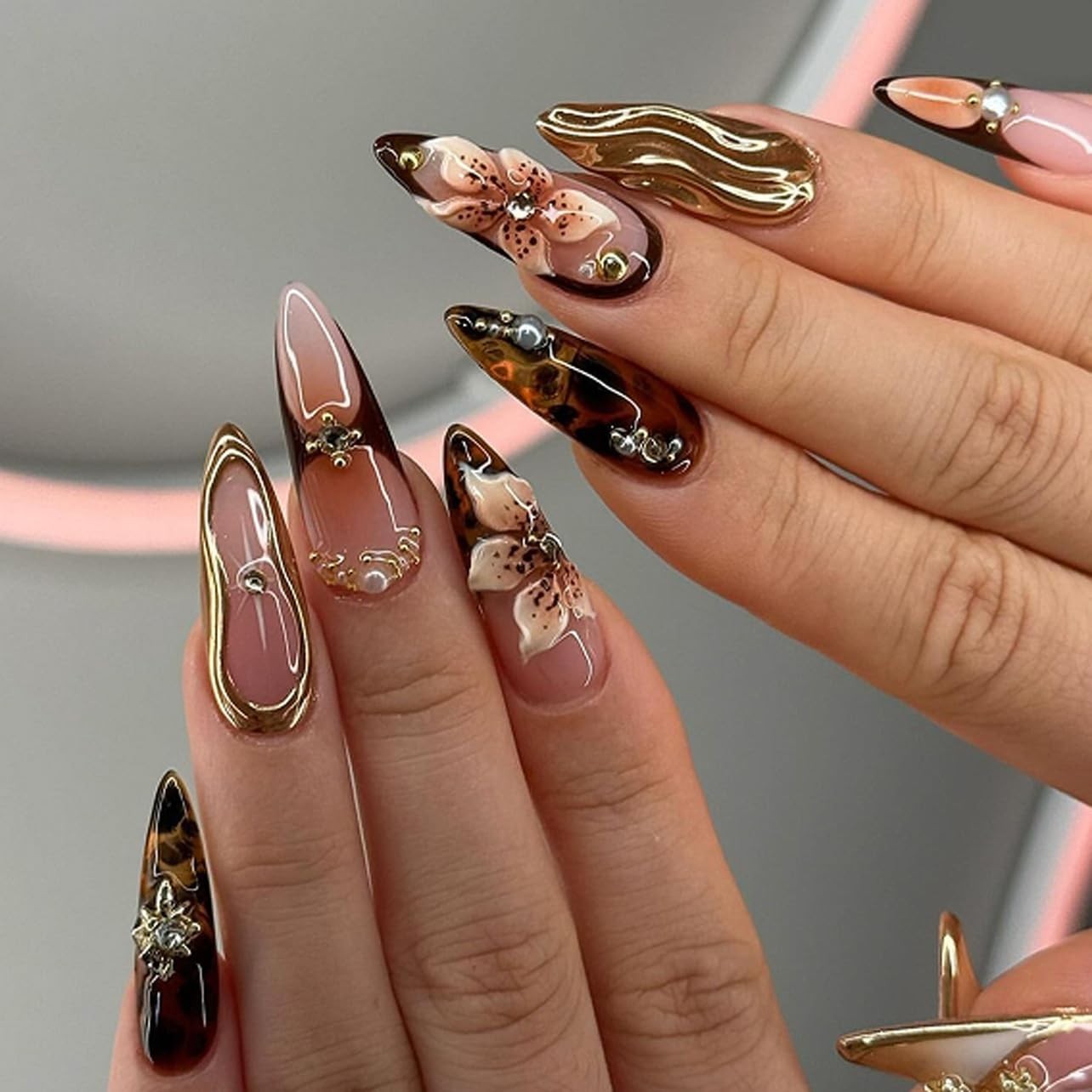 Handmade Press On Nails Almond Medium Long 3D Fake Nails with Charms style01