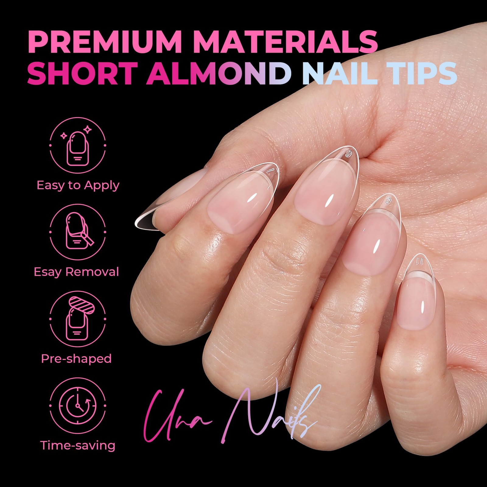 UNA GELLA Short Almond Nail Tips, 510Pcs 15 Sizes Pre-Etched 15 sizes, clear