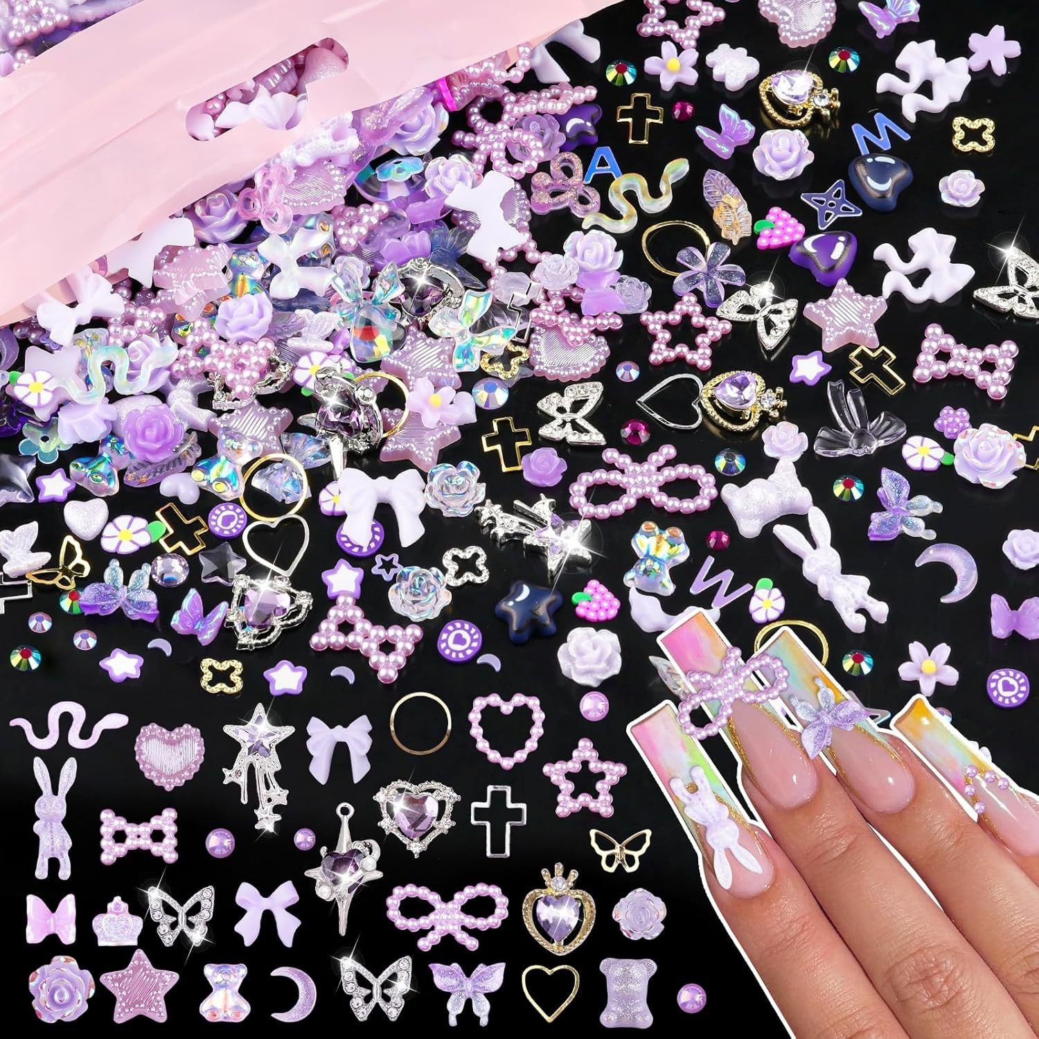 Multi Shapes Acrylic Nail Charms for 3D Nail Art, Purple Heart Flower Bow Star B