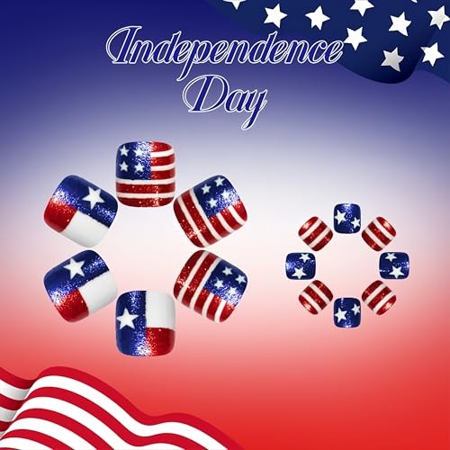24Pcs 4th of July Press on Toenails American Flag Fake Five-Pointed Star
