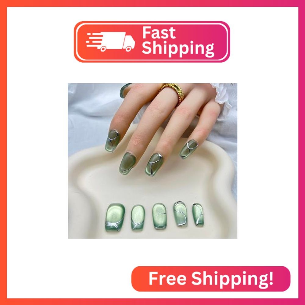 CkeYesOwn Press On Nails Medium Oval-Green Base with Silver Foil Flakes-Almond P