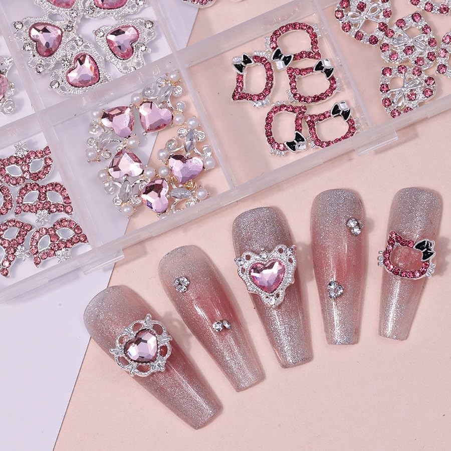 60 Pcs Heart Nail Charms & Pink Butterfly Rhinestones – DIY Nail Art Gems & Acce