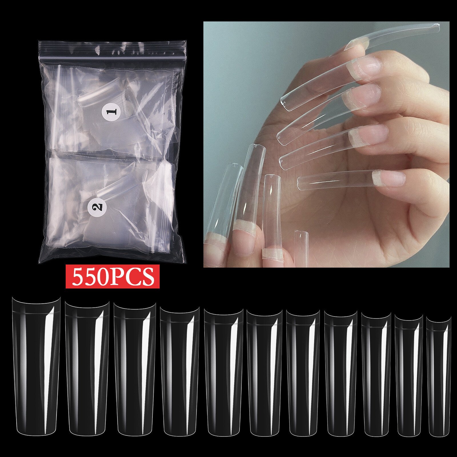 550pcs/Bag Extra Long C Curve Straight Square French False Nail Tips 11 Sizes