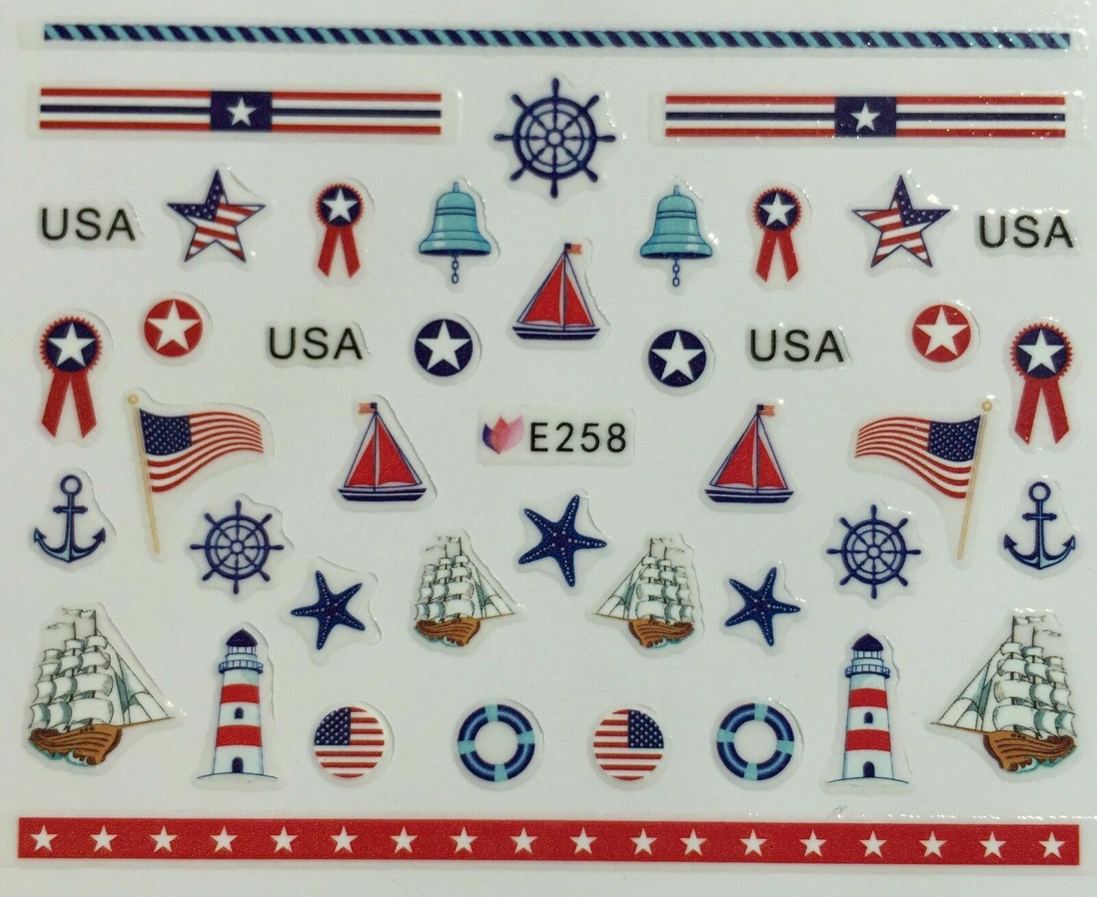 Nail Art 3D Decal Stickers Sailboat Lighthouse USA 4th of July E258