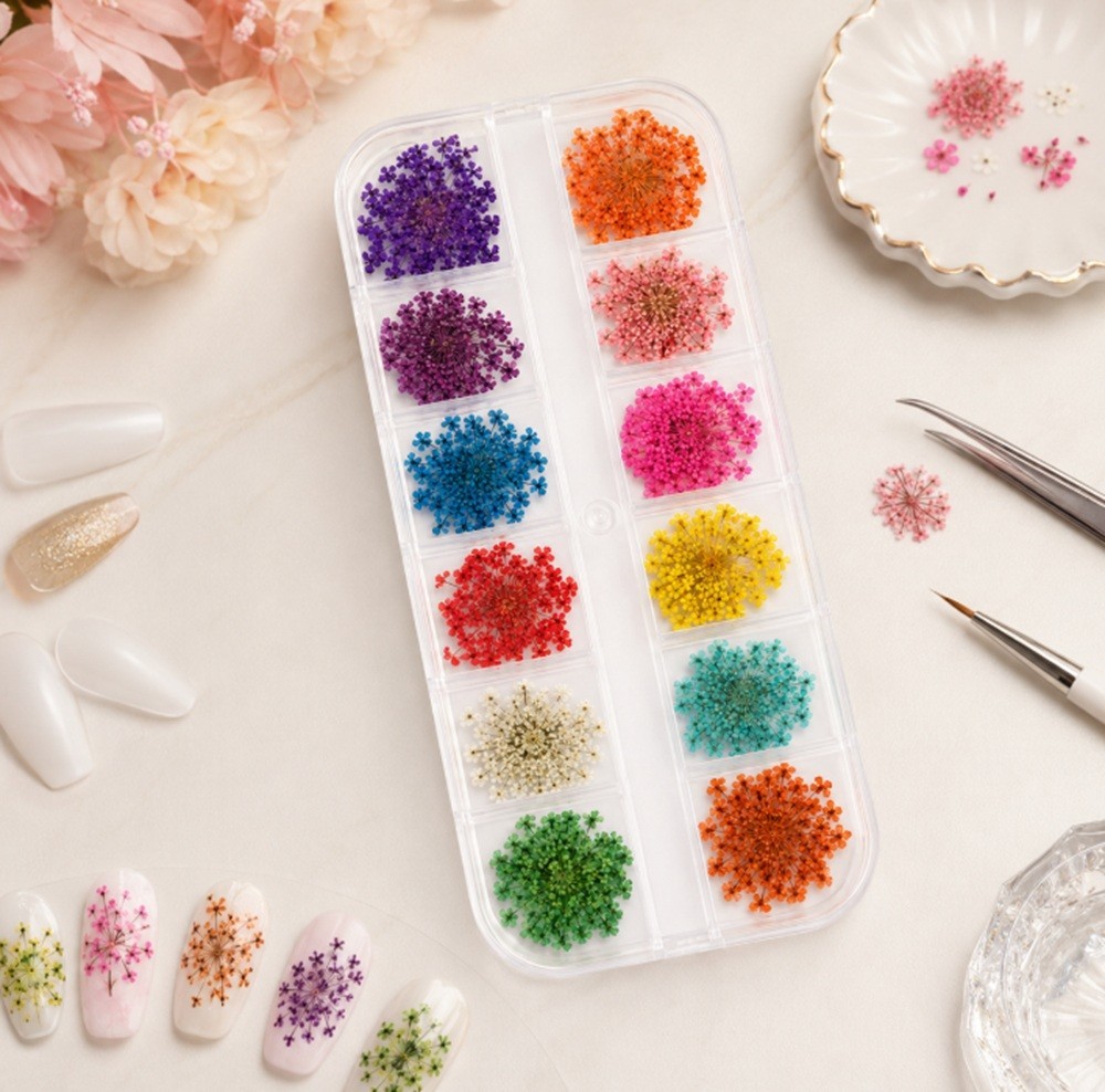 12-Color Real Dried Flowers Nail Art Set – 3D Decors DIY Manicure Tips Box