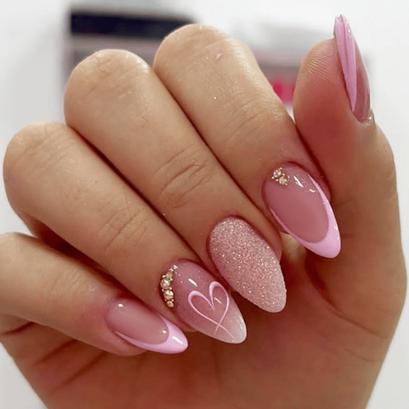 Valentine’s Day Pink Press in Nail 48 Pieces – Medium Almond Length Nail Art