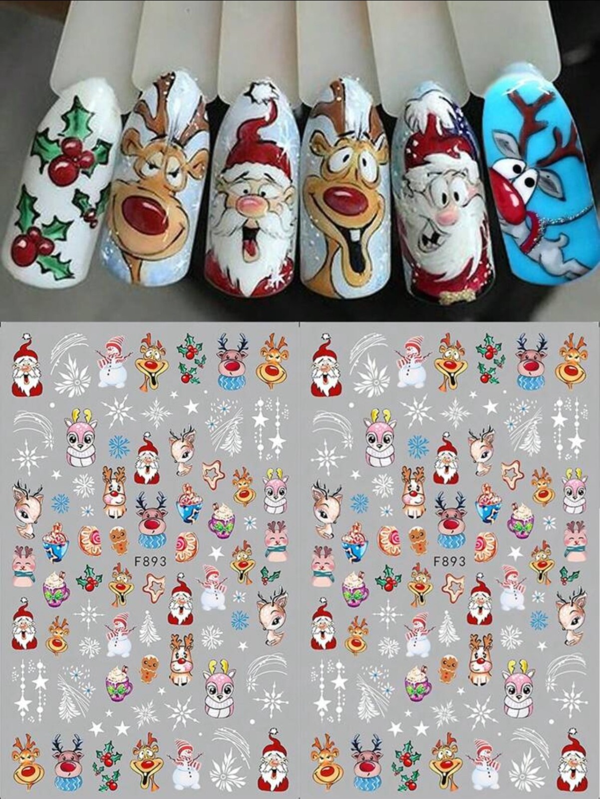 Cute Reindeer Nail Art Stickers Christmas Santa Snowman Baubles Snowflakes Stars