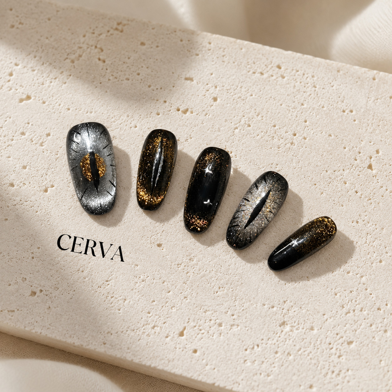 Handmade Cat Eye Dragon Eye Press On Nails Reusable Luxury Black Gold Glossy