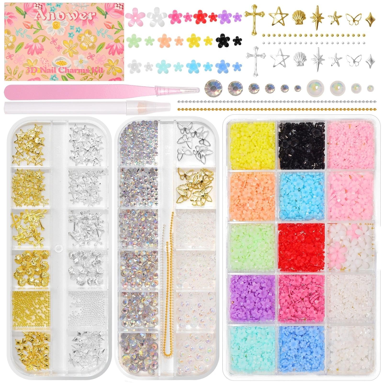 3 Boxes Nail Charms Kit, Colorful Mini Flower 3D Charms for Nails, Flatback P…