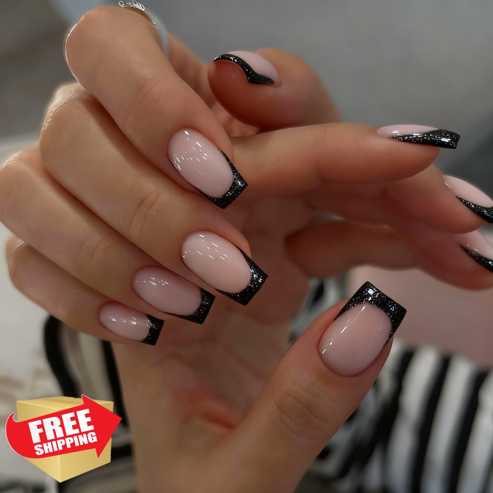 SXVME Black French Tip Press On Nails Medium Square Glitter