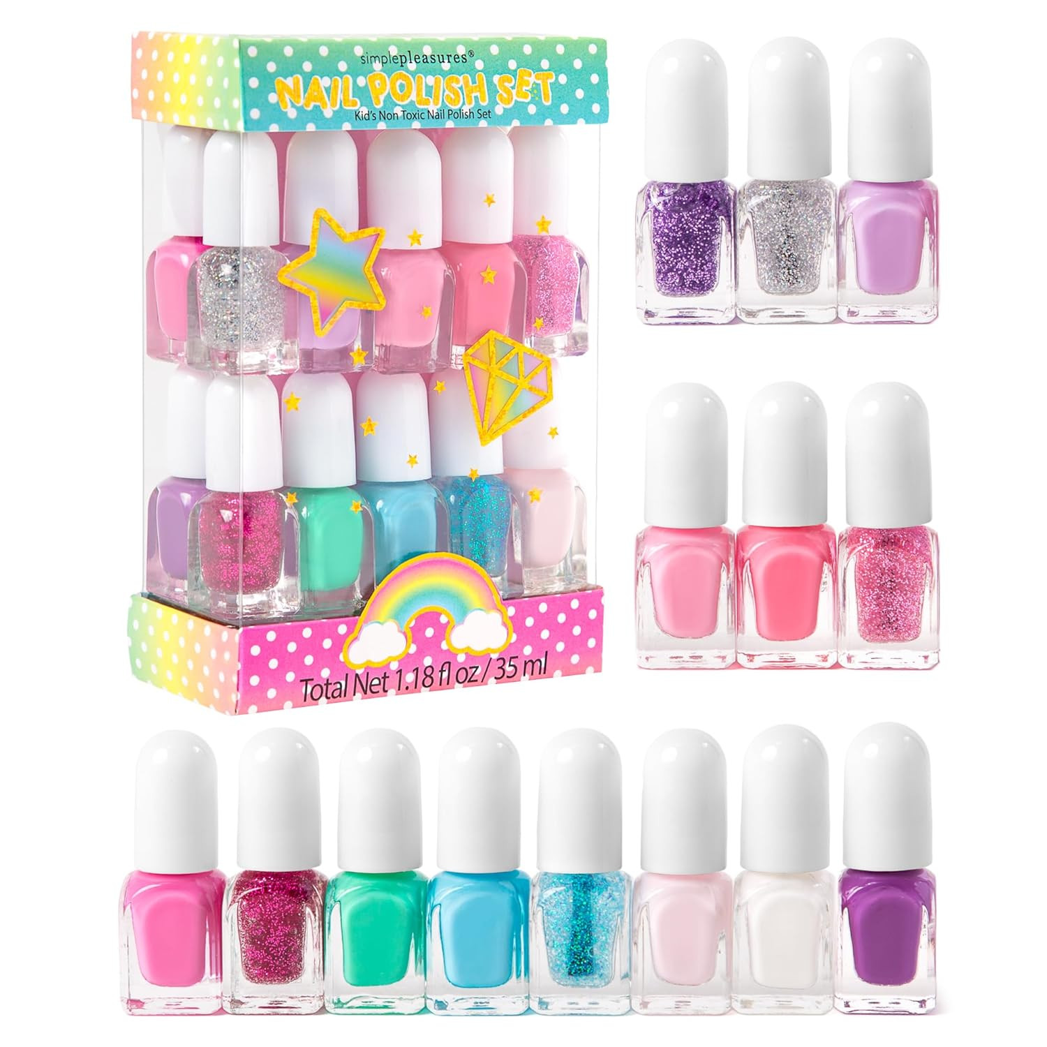 Unicorn Glitter Kids Nail Polish Set for Girls – 14 Water-Based Non -Toxic Nail