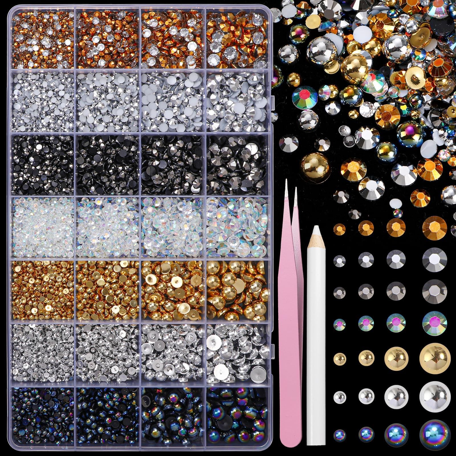 22000 Pcs Mixed Black Silver Gold Flatback Pearls and Rhinestones Bedazzling …