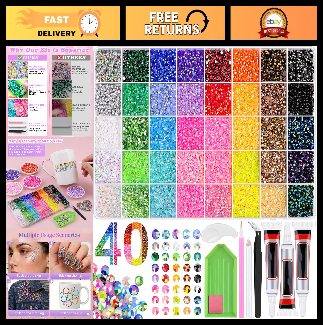 33000 Pcs Rhinestone Bedazzling Kit – 40 Colors 3mm Flatback Gems, Glue, Tweezer