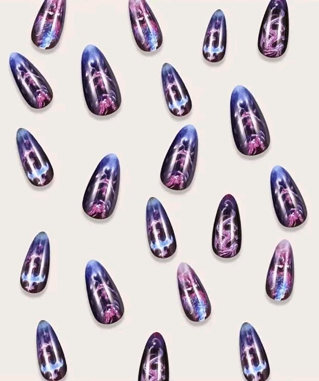 24 PCS Press-On Nails: Blue and Purple Dragon Holographic Long Nails