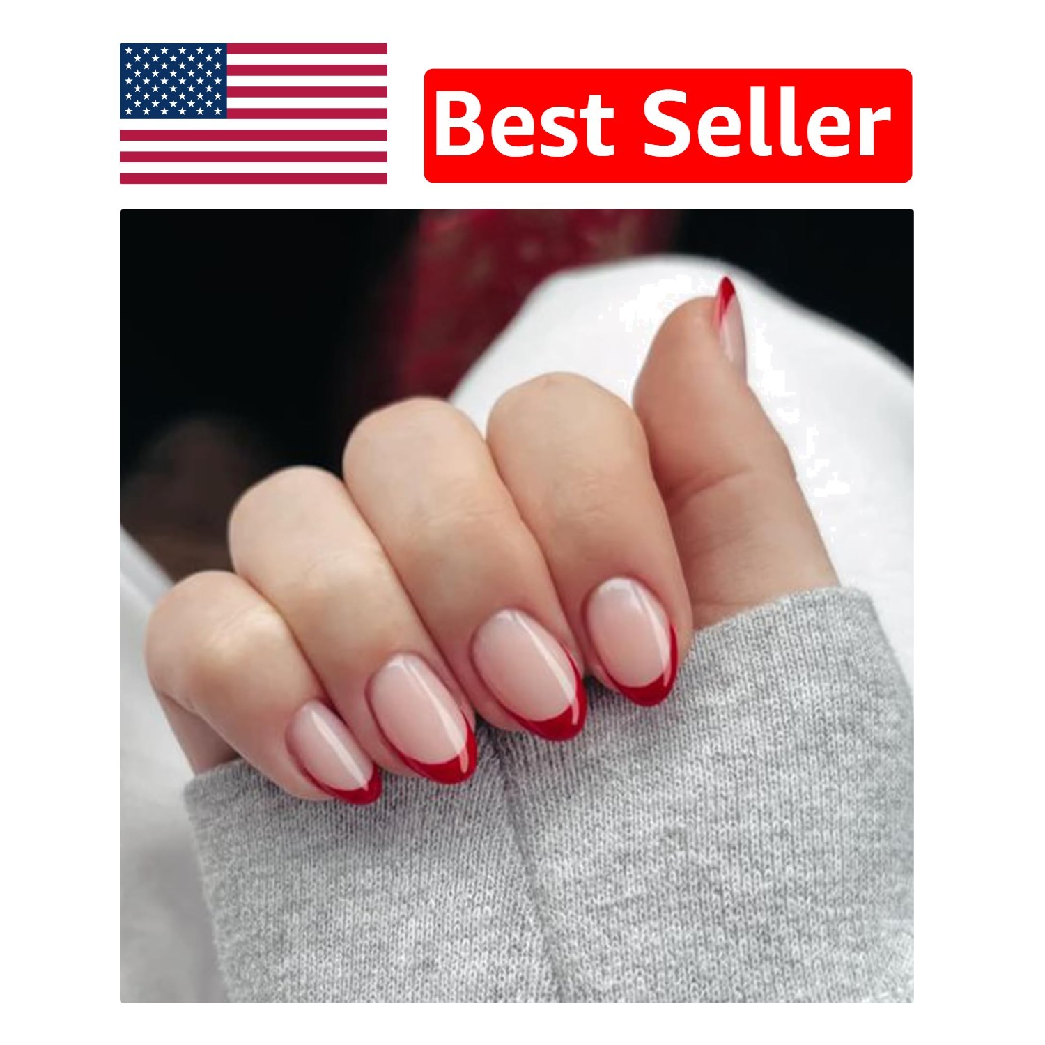 Glossy Red French Tip Fake Nails – 32 Pcs Long-Lasting Nail Kit for Women