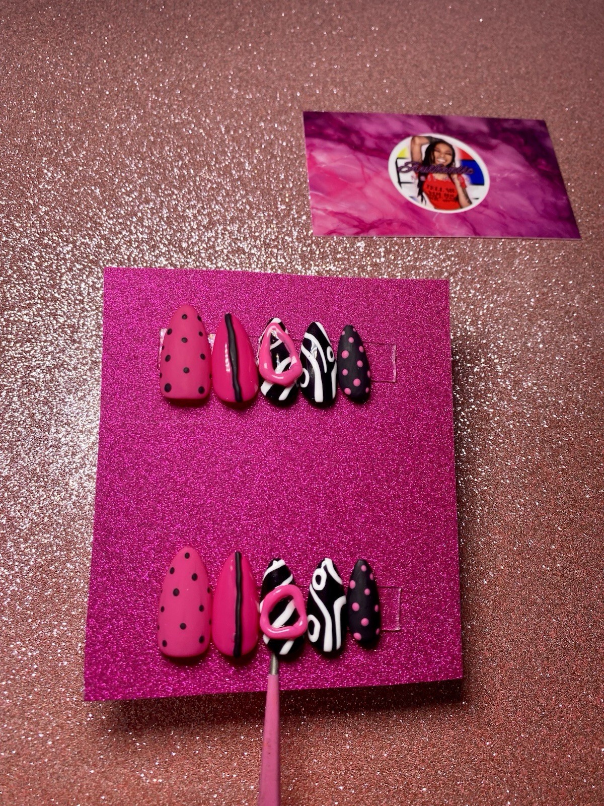 Press-On Nails Short Almond Shape, Almond-shaped Poky Dots. Bright hot pink.