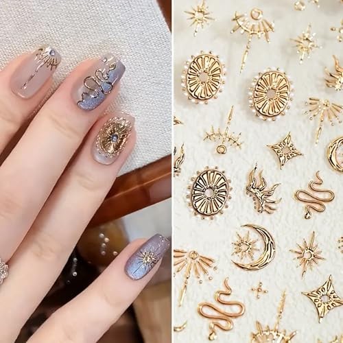 Bohemian Nail Stickers | Moon Star Snake Sticker for Nail Art | Gold Silver 5D
