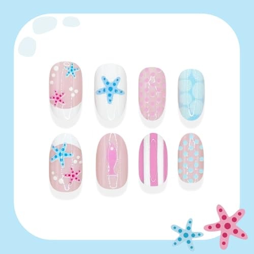 Summer Press on Nails – Short Oval – Pink Blue Fake Nails with Style-A Style-24