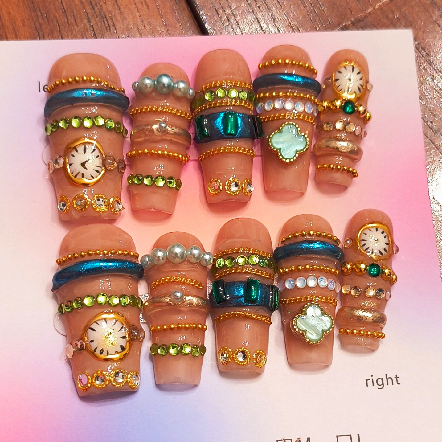 Press-On Nails Medium Coffin Nude Gold Blue Green White 3D Full Cover Clock