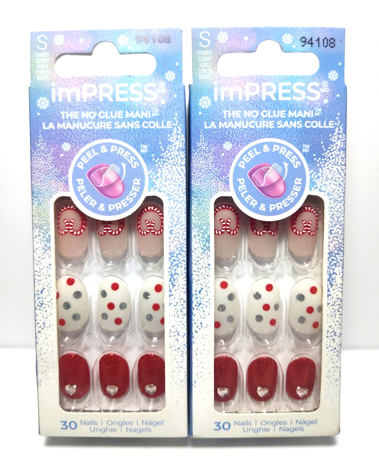 TWO PACK Kiss Press On Nails Festive Holiday No Glue Manicure CandyCane Hearts