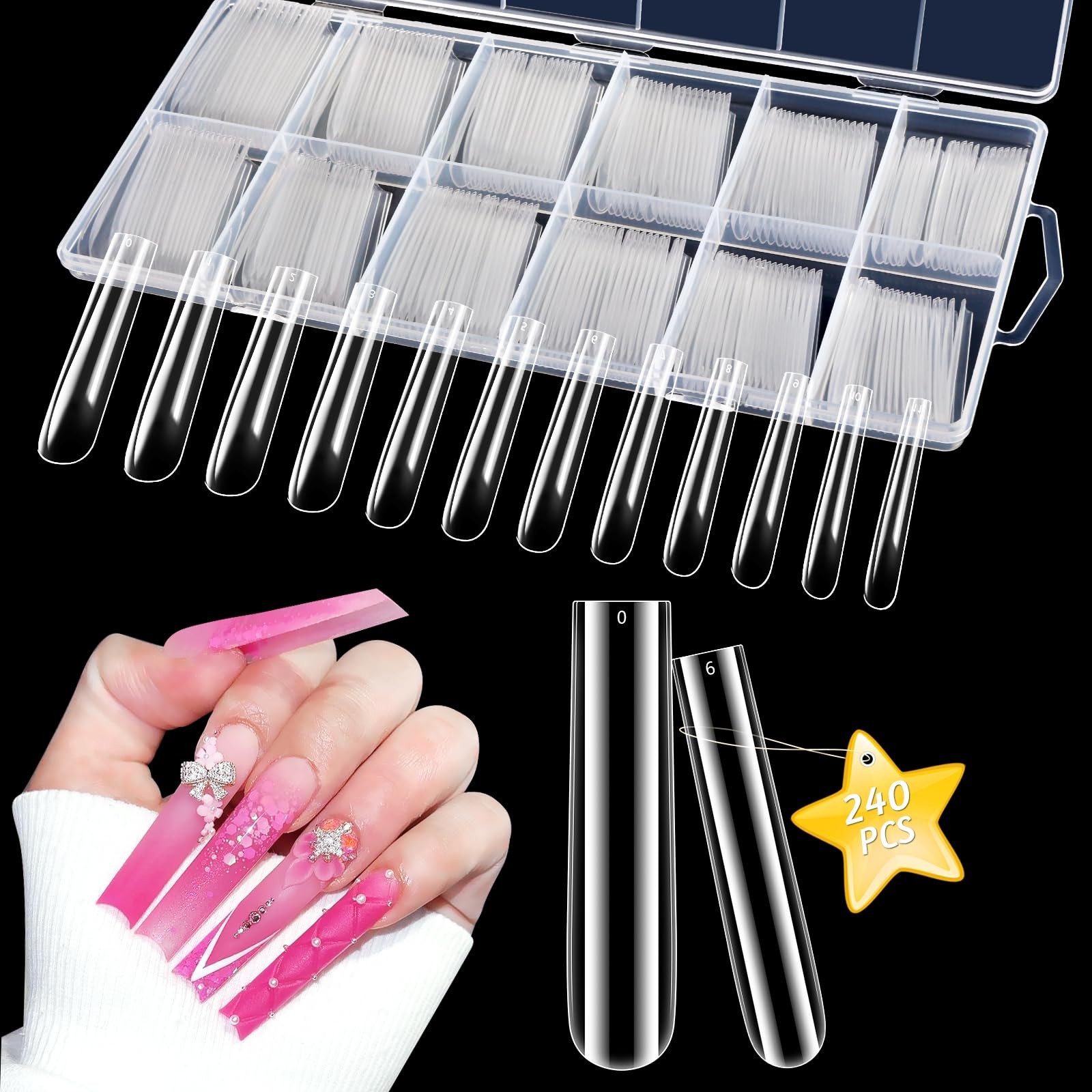 3XL Clear Full Cover Nail Tips Acrylic 240PCS Extra Long Tapered Square 12 Sizes
