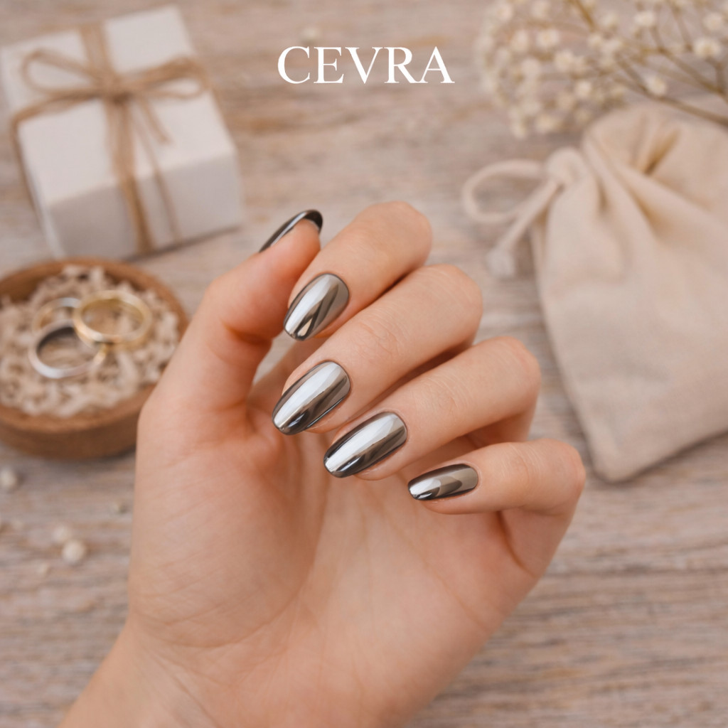 Silver Chrome Press On Nails Almond Mirror Metallic Fake Nails Reusable Glossy