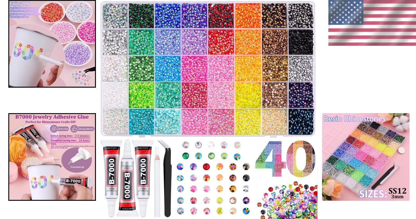 Bedazzling Rhinestones Set + 3Pcs B7000 Glue, 40 Colors