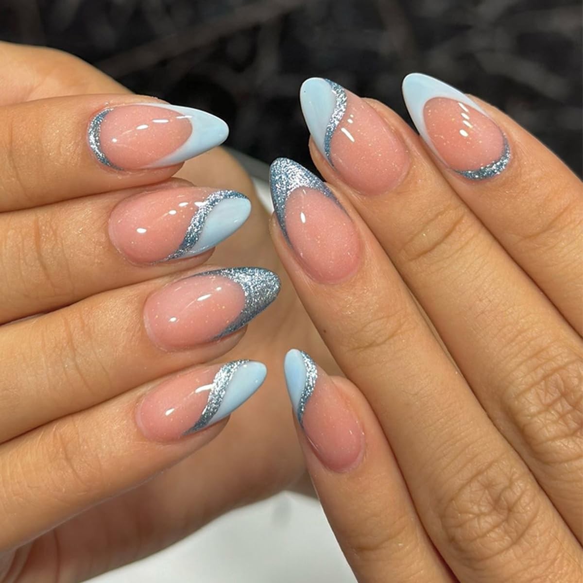 Light Blue French Tip Press on Nails Medium Almond – QUNQINLI Fake Design AB2