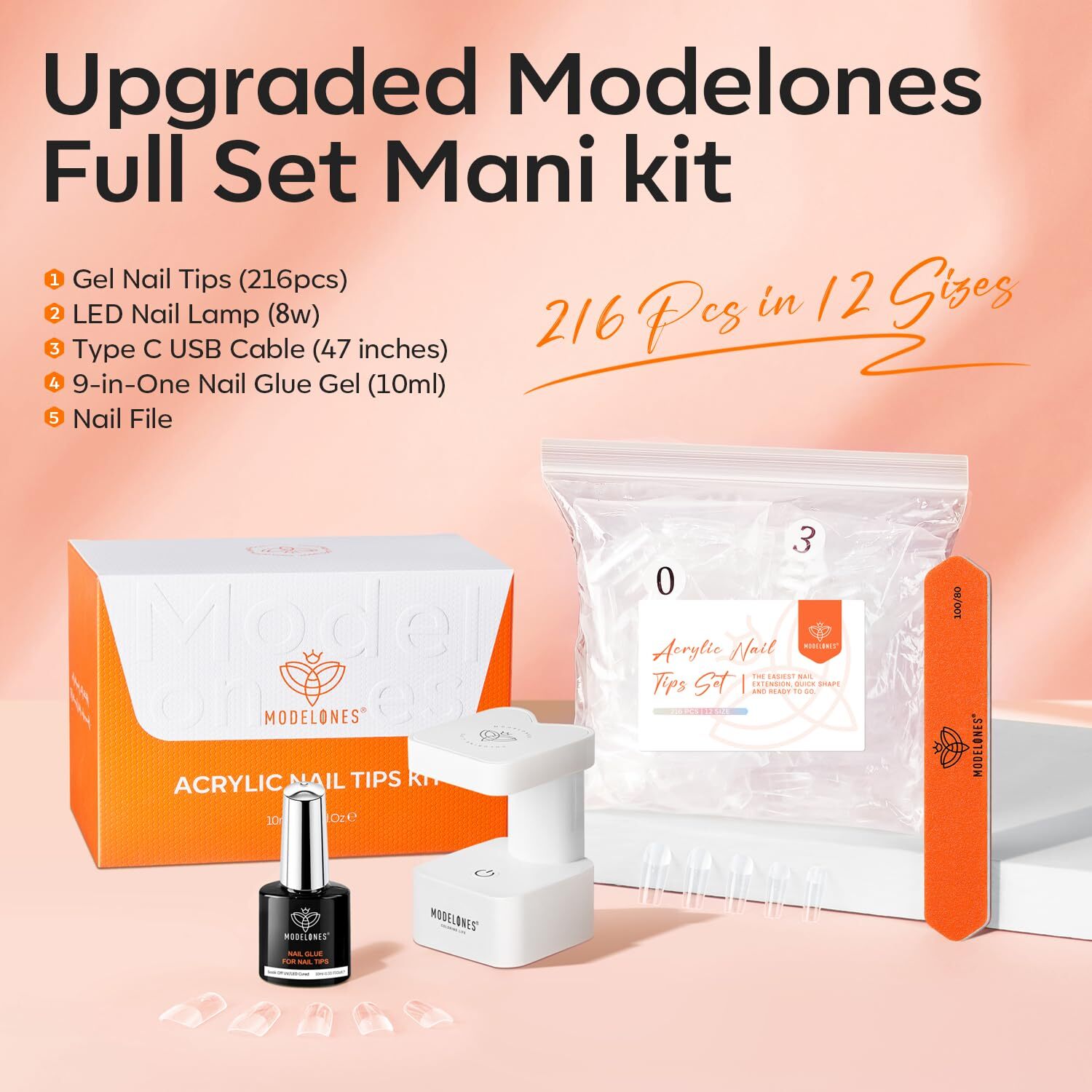 Gel X Nail Kit, Gel x Nail Tips Medium Square, 9-in-One Nail Glue & Portable U V