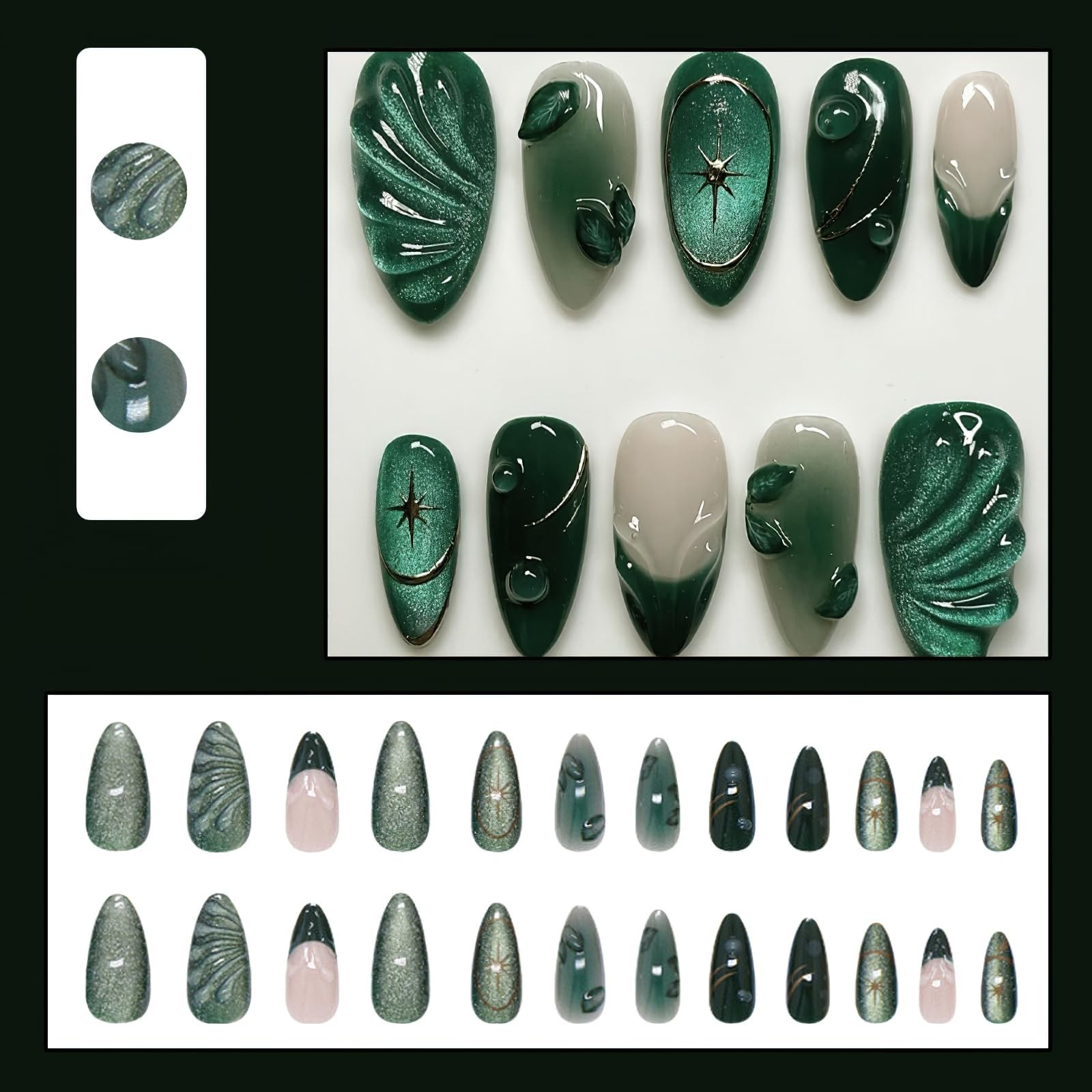 Jremg Green Press on Nails Medium Almond Fake Almond, Multicolor