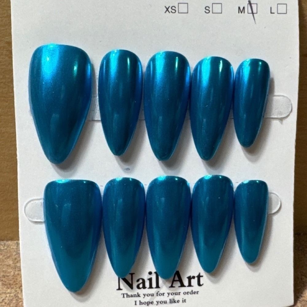 Metallic Teal Blue Press On Nails Almond Shape Chrome Finish Size M 10pc Set
