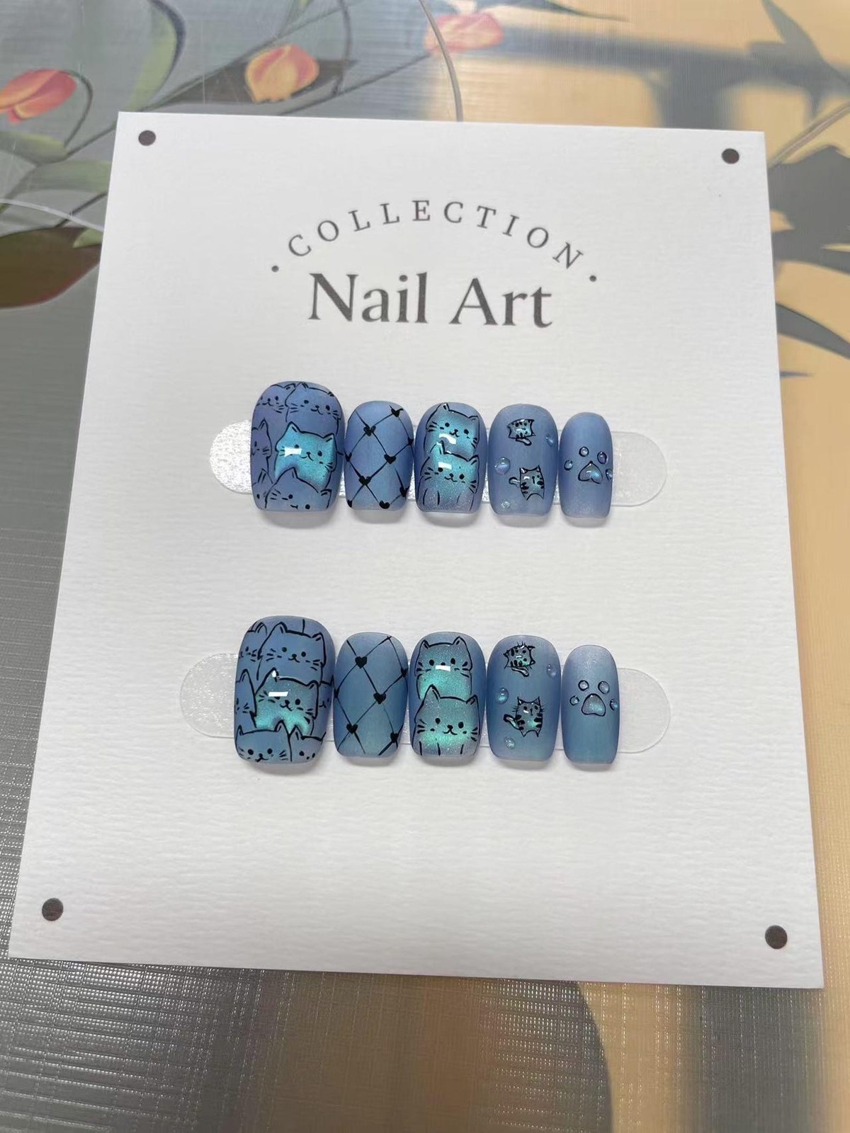 Handmade Matte Blue Cartoon Cat Paw Medium Square Press on Nails