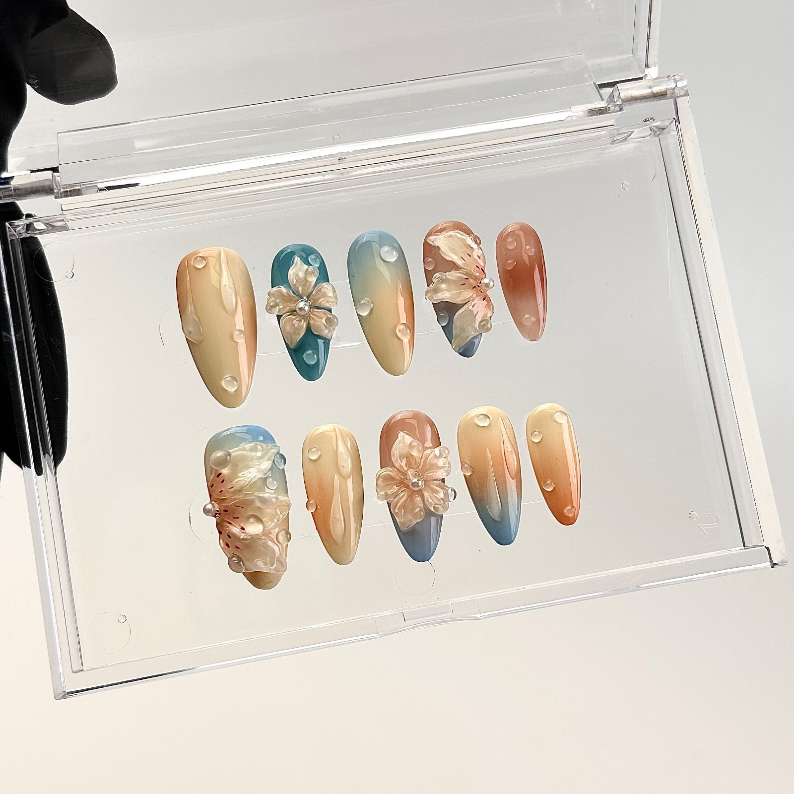 Blue Orange Flower Press On Nails Medium Almond 3D Waterdrop Glue On Set