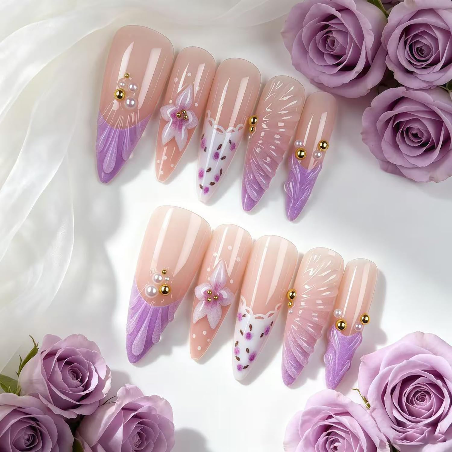 24 Pcs Purple French Tip Press on Nails Flower False Nails with Spring Summer Fl