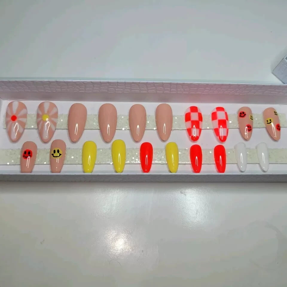 20 Press on Nails Smilie Face, Checker, Red, Yellow, White, Nude Colors, Almond