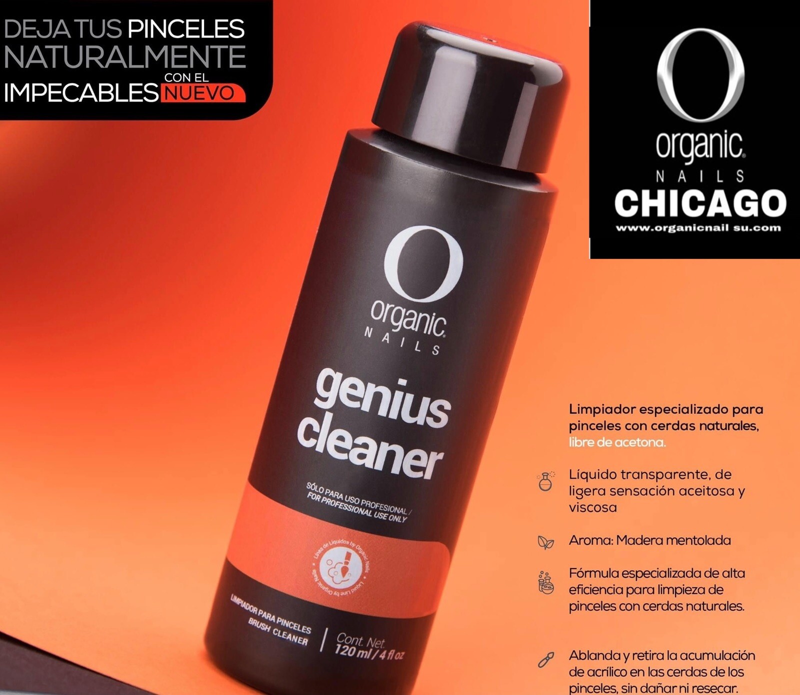 Limpiador De Pinceles Organic nails Genius 120ml, Brush Cleaner, Shaper 30ml