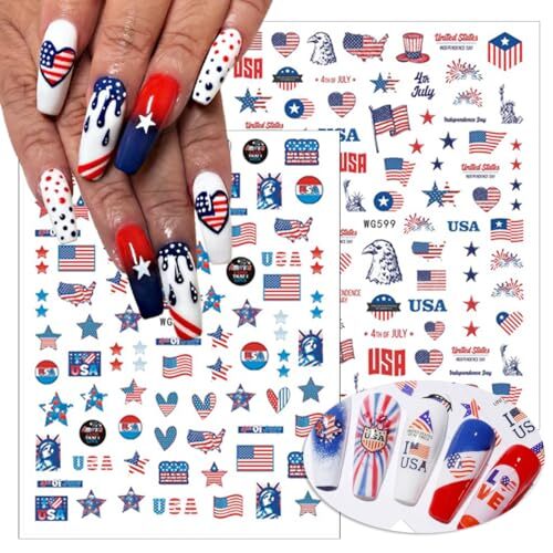 4th of July Nail Stickers, 8 Sheets American Flag Independence Day Nail Art
