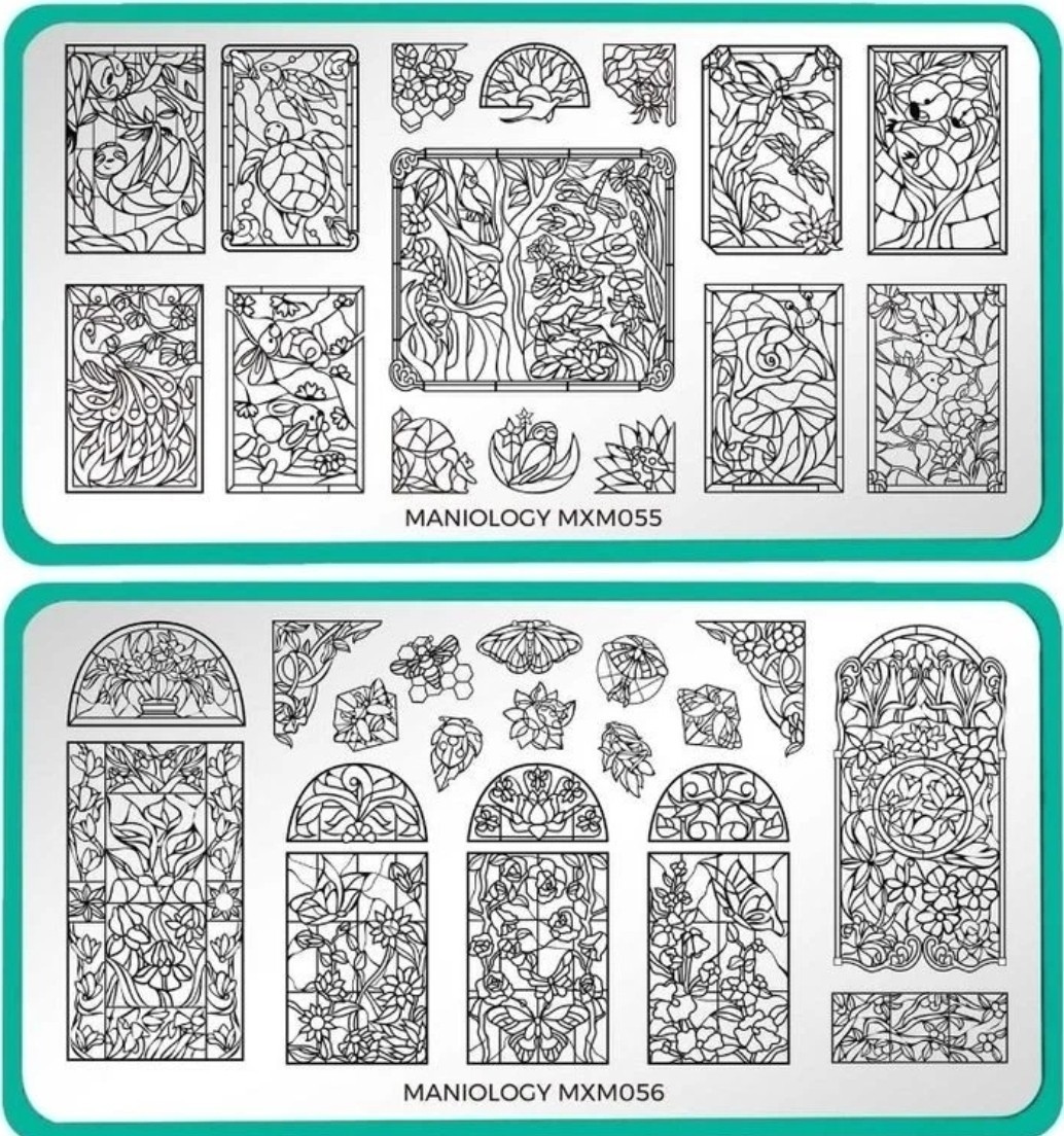 HTF Maniology nail stamping plates MXM055 MXM056 Set Stained Glass Window Animal