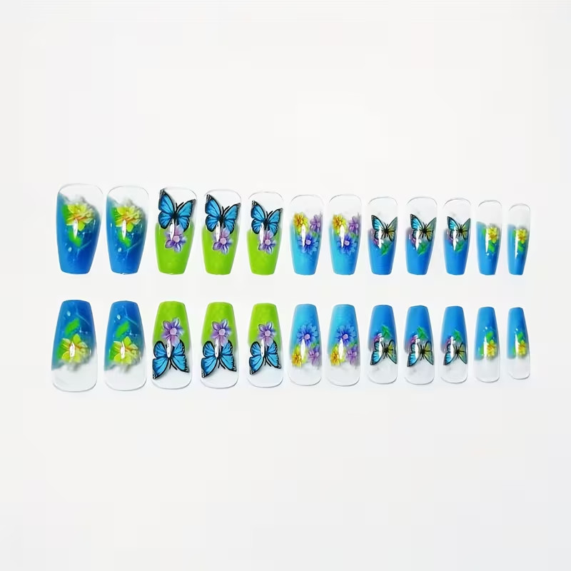 24pcs Ballet Press-On Nails, Long, Glossy, Colorful Butterfly Design, Summer
