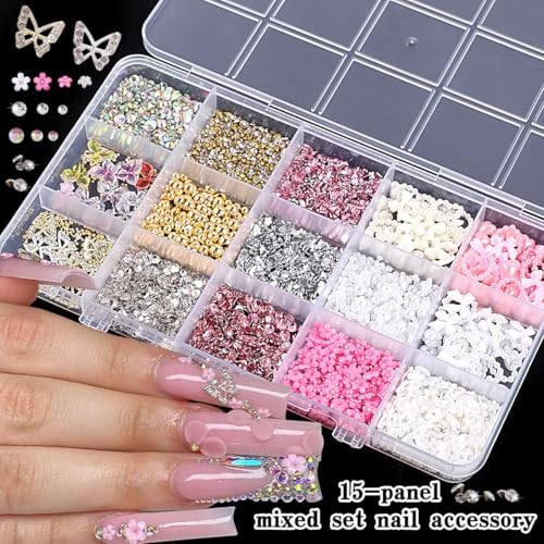 10000 Nail Spells and Gem Set, Pink Cute Bow, 3D Flowers, 15 grid pearl flowers