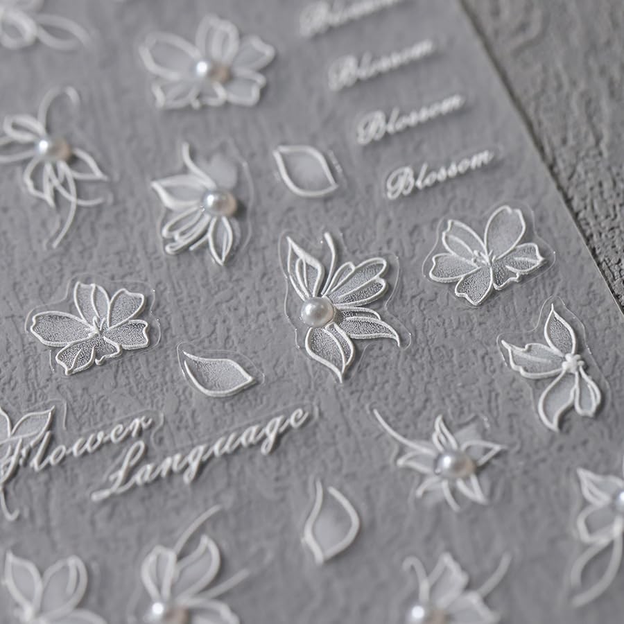 5D Self Adhesive White Floral Pearl Nail Art Decoration Stickers for Sale